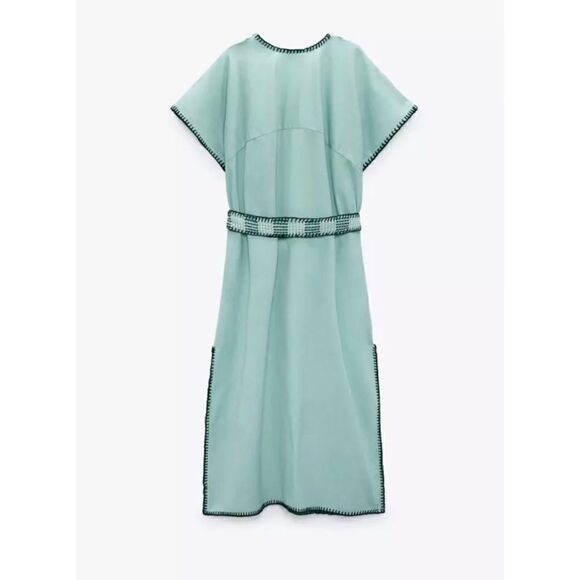 NWT Zara Blue Green Embroidered Belted Tunic Midi Dress, Size Small - Picture 7 of 14